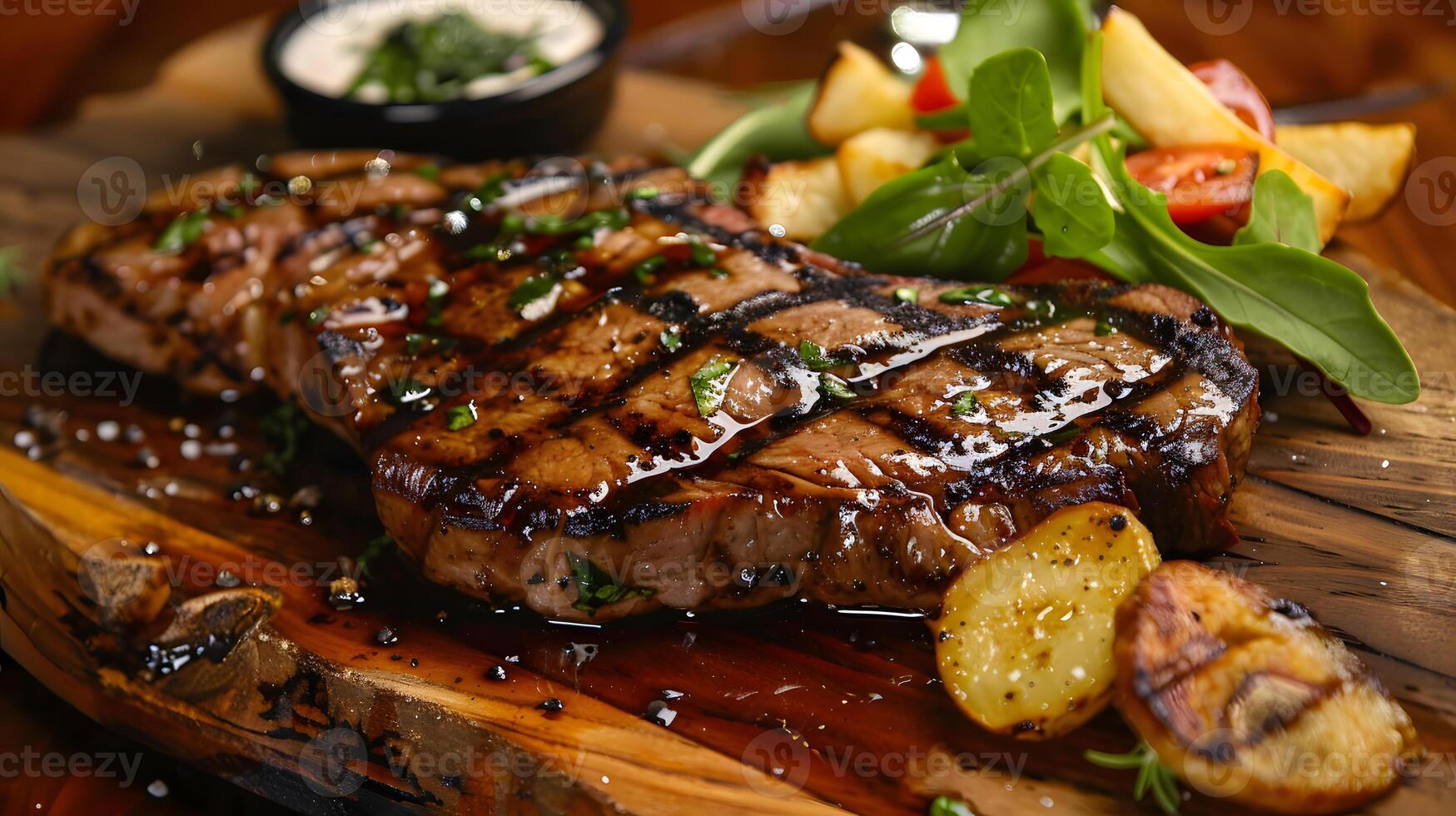 ai generiert frisch saftig köstlich Rindfleisch Steak auf ein dunkel Hintergrund. ai generiert foto