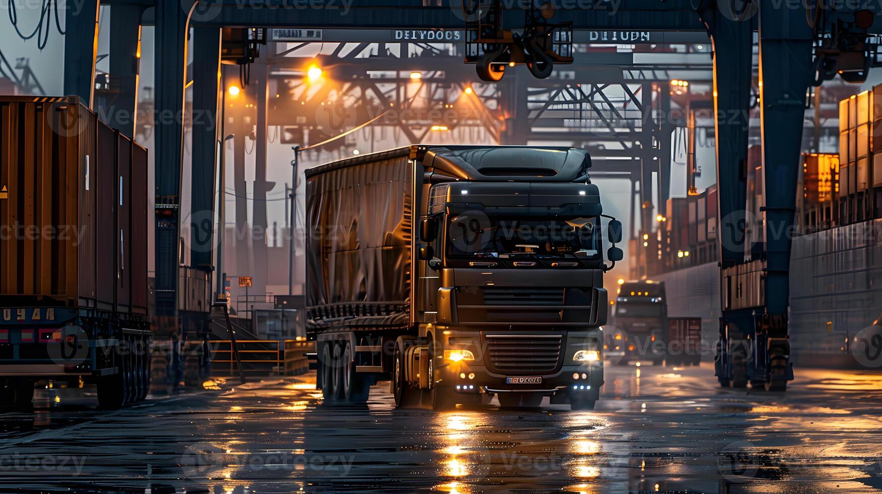 ai generiert LKW Anhänger auf das Seebrücke im das Ladung Hafen Terminal mit Kräne und Behälter. ai generiert foto