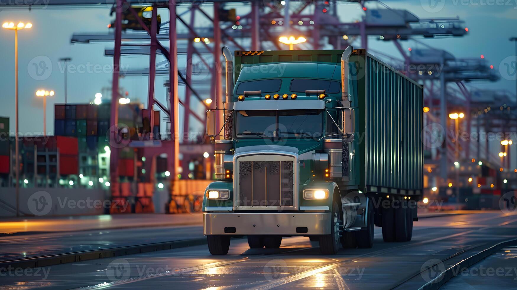 ai generiert LKW Anhänger auf das Seebrücke im das Ladung Hafen Terminal mit Kräne und Behälter. ai generiert foto