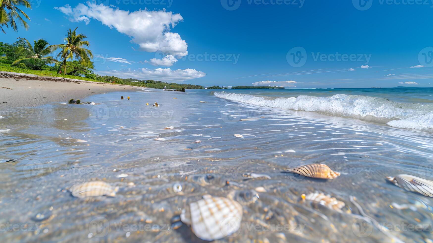 azurblau Küste von das Ozean mit Palme Bäume, Sand, Surfen und Muscheln. ai generiert foto