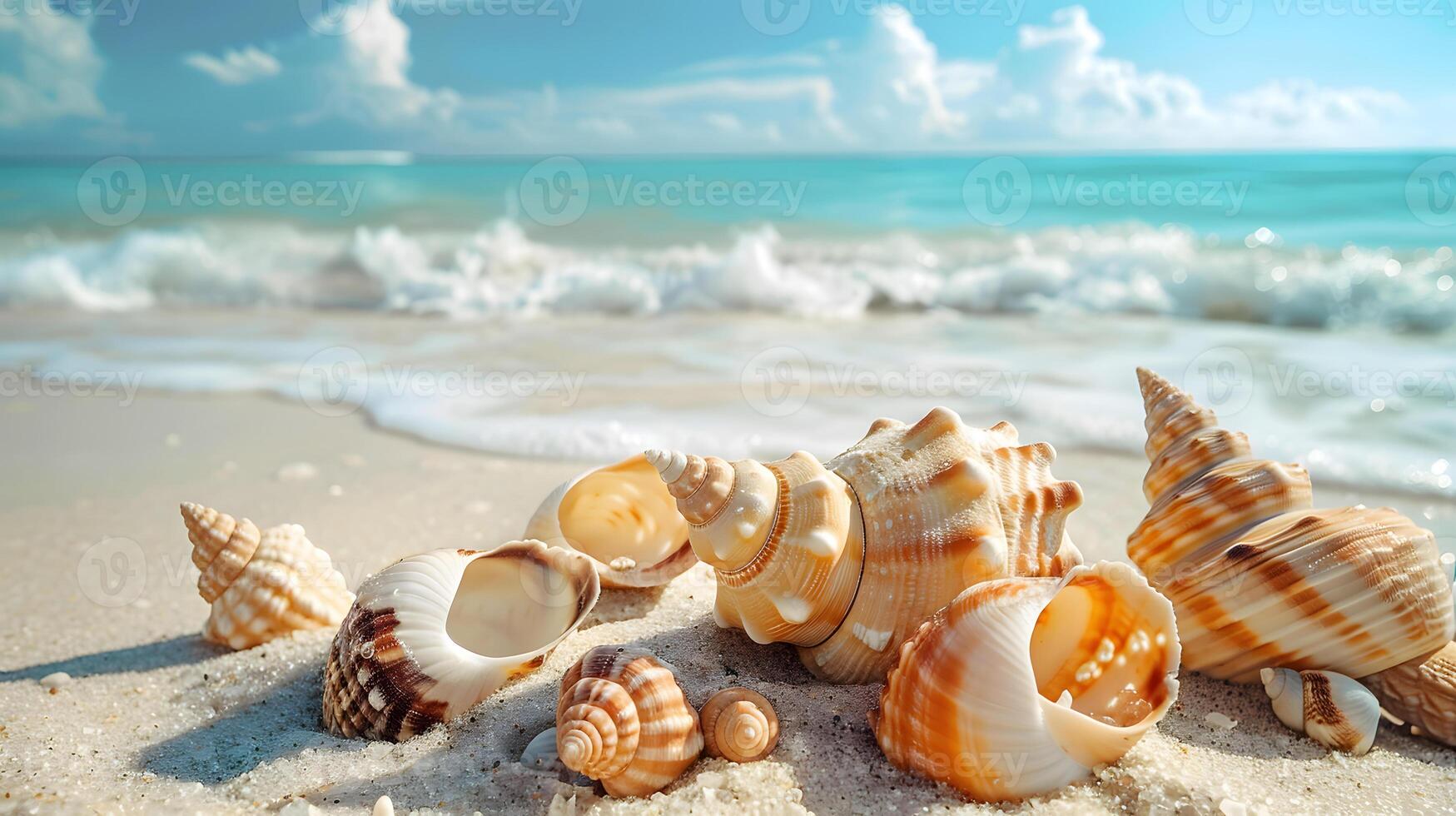 ai generiert azurblau Küste von das Ozean mit Palme Bäume, Sand, Surfen und Muscheln. ai generiert foto