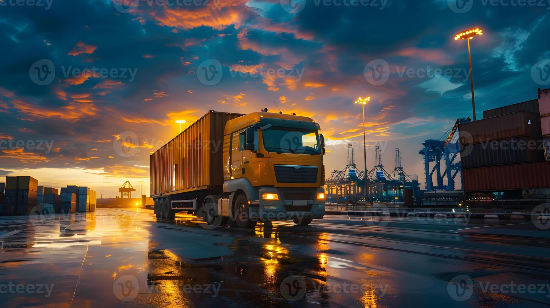 ai generiert LKW Anhänger auf das Seebrücke im das Ladung Hafen Terminal mit Kräne und Behälter. ai generiert foto