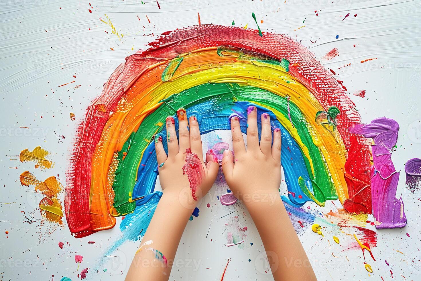 ai generiert das Hände von ein klein Kind Zeichnung Regenbogen auf das Weiß Mauer mit hell Farbe Farbe foto