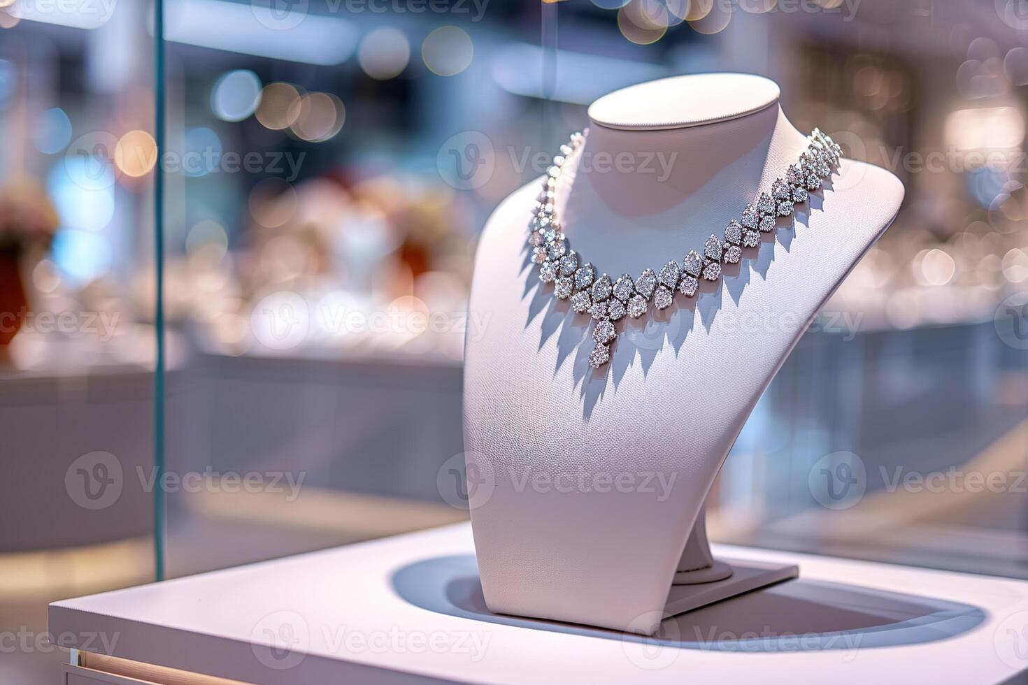ai generiert schön teuer Silber Diamant Halskette im ein Schmuck Geschäft Fenster foto