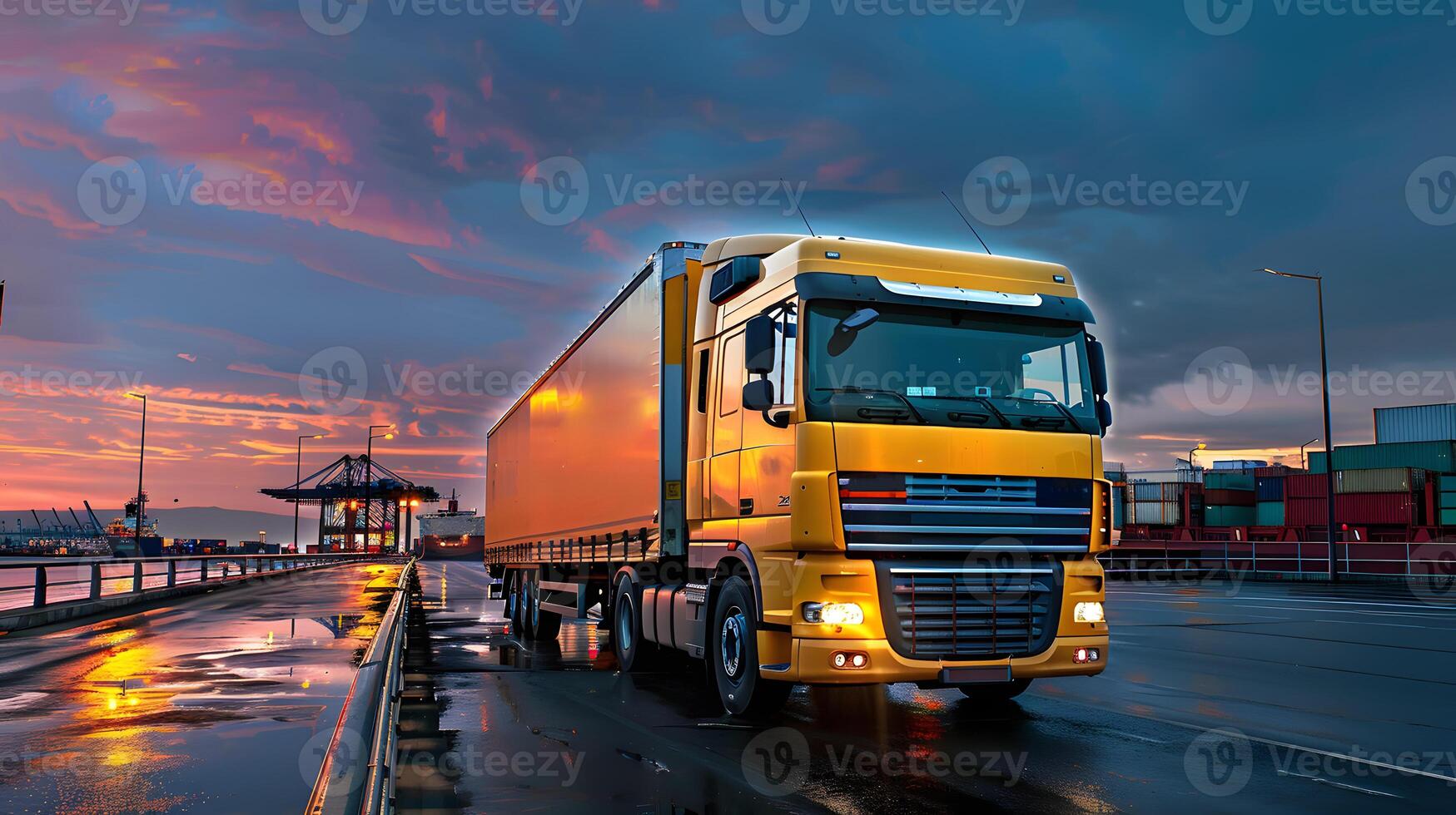 ai generiert LKW Anhänger auf das Seebrücke im das Ladung Hafen Terminal mit Kräne und Behälter. ai generiert foto