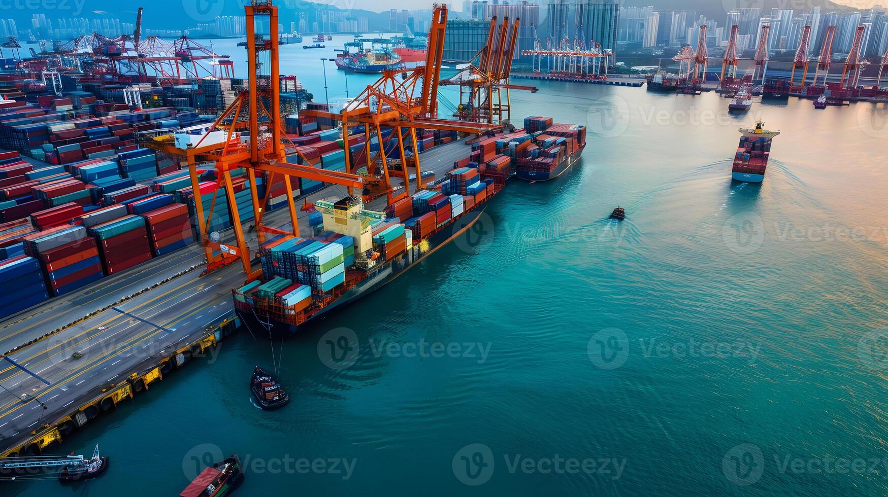 ai generiert ein Schiff zum Transportieren Ladung Behälter und ebenfalls Entladung es beim das Docks von ein Ladung Hafen. ai generiert foto