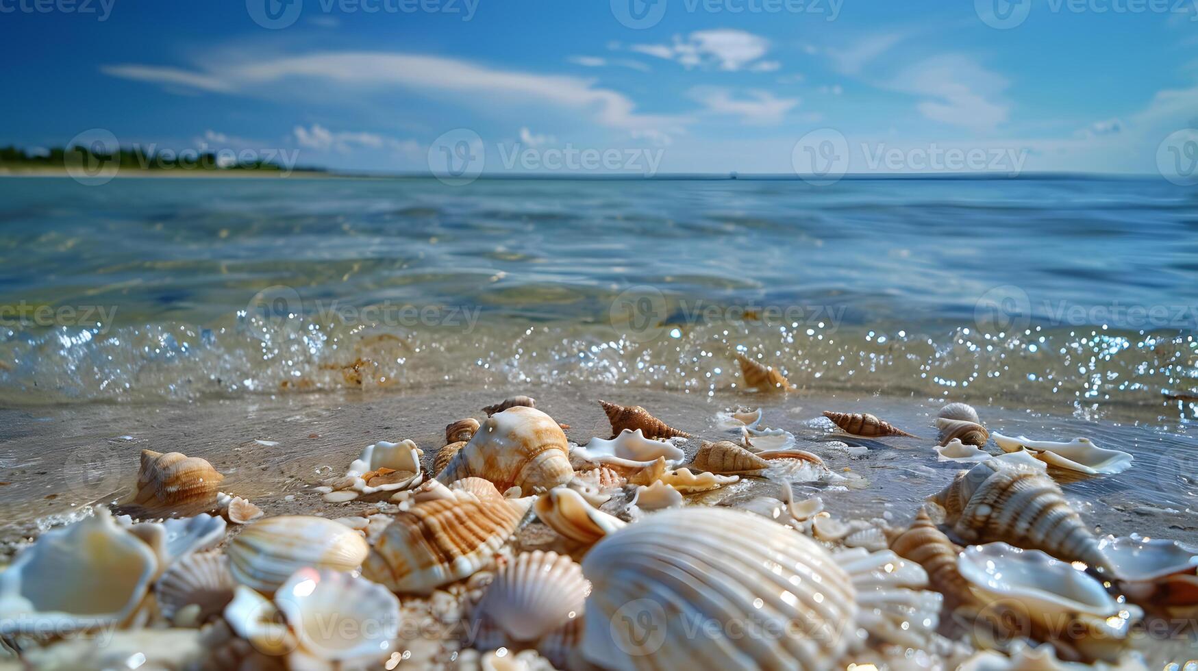 ai generiert azurblau Küste von das Ozean mit Palme Bäume, Sand, Surfen und Muscheln. ai generiert foto