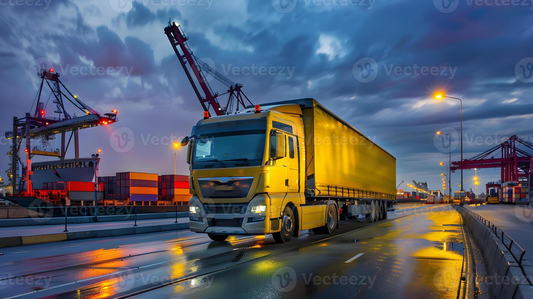 ai generiert LKW Anhänger auf das Seebrücke im das Ladung Hafen Terminal mit Kräne und Behälter. ai generiert foto