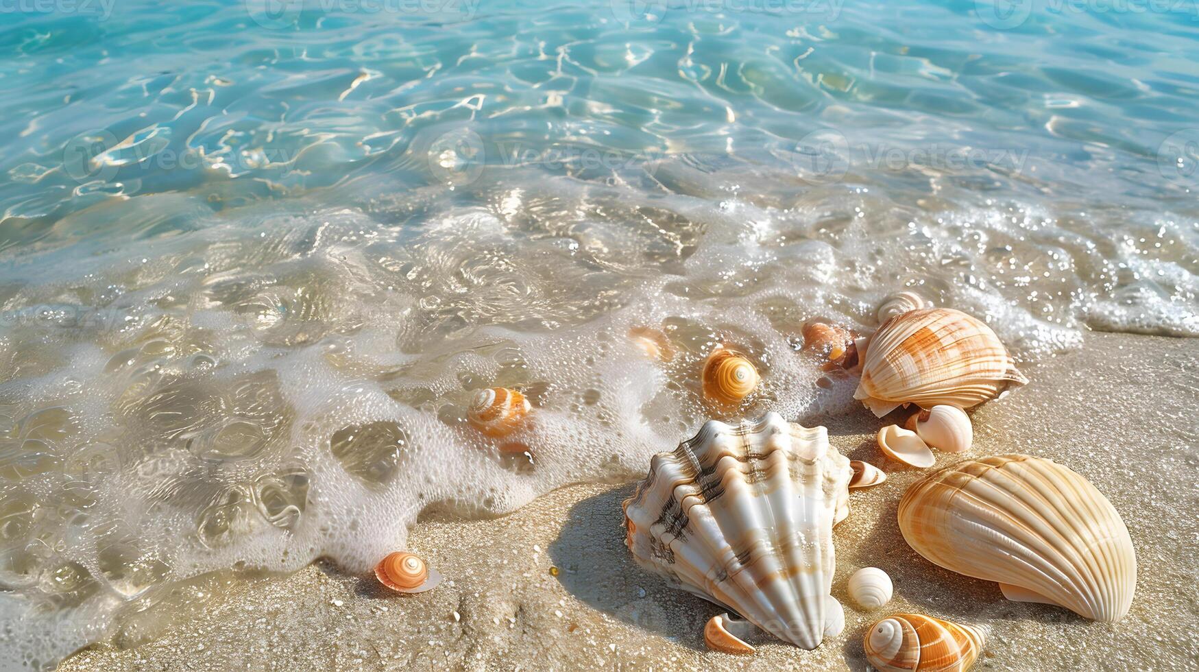 ai generiert azurblau Küste von das Ozean mit Palme Bäume, Sand, Surfen und Muscheln. ai generiert foto