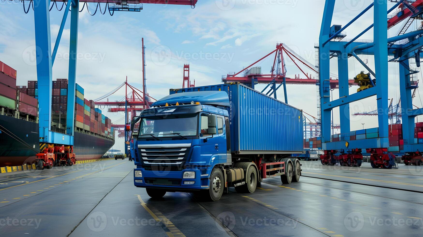 ai generiert LKW Anhänger auf das Seebrücke im das Ladung Hafen Terminal mit Kräne und Behälter. ai generiert foto