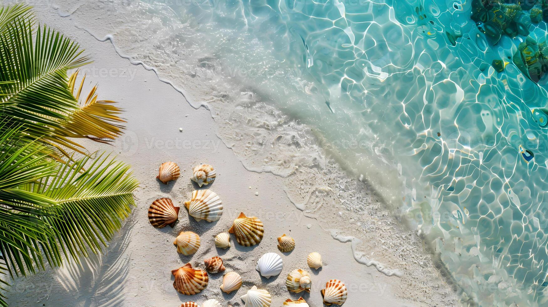 azurblau Küste von das Ozean mit Palme Bäume, Sand, Surfen und Muscheln. ai generiert foto