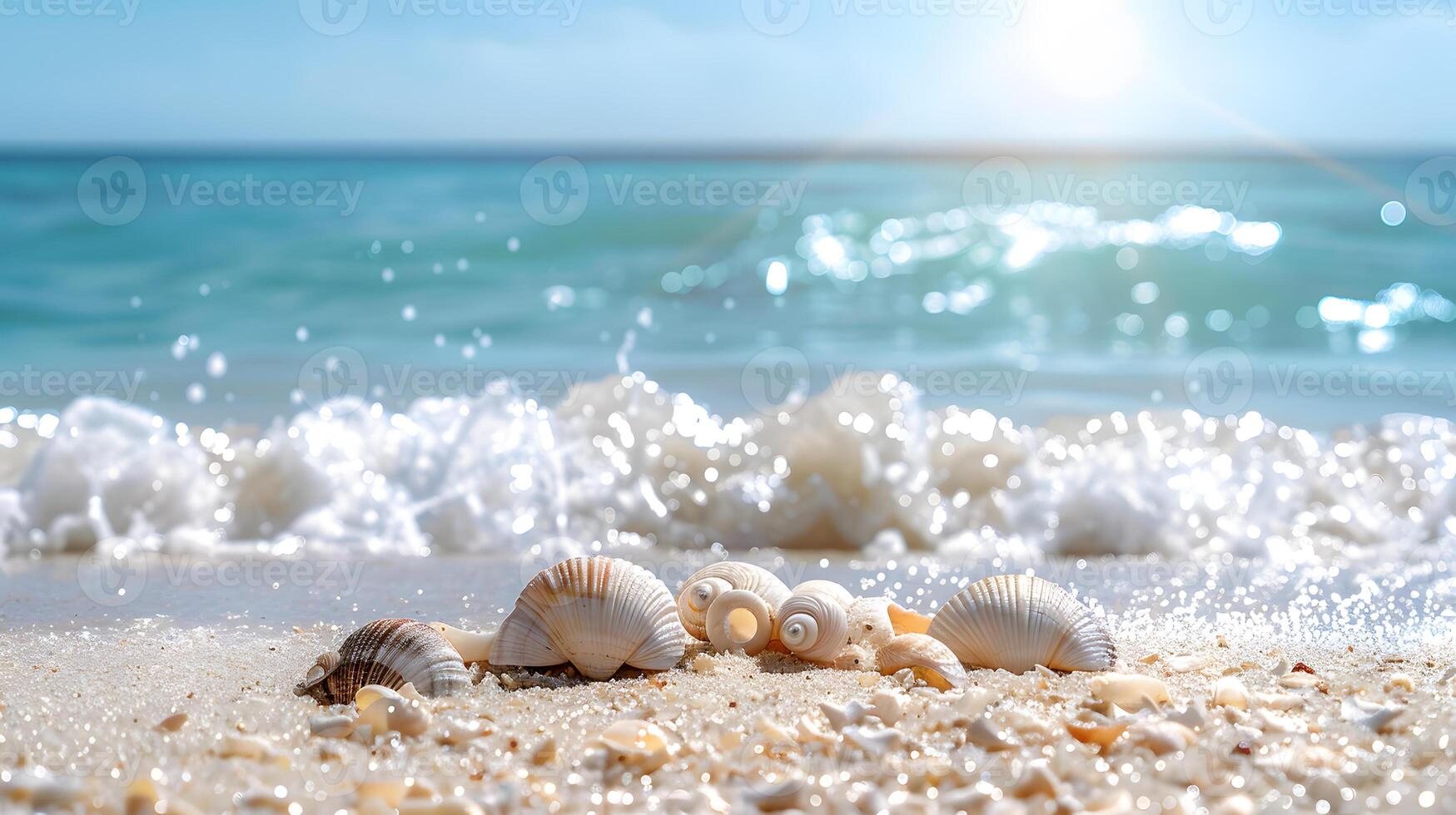 ai generiert azurblau Küste von das Ozean mit Palme Bäume, Sand, Surfen und Muscheln. ai generiert foto