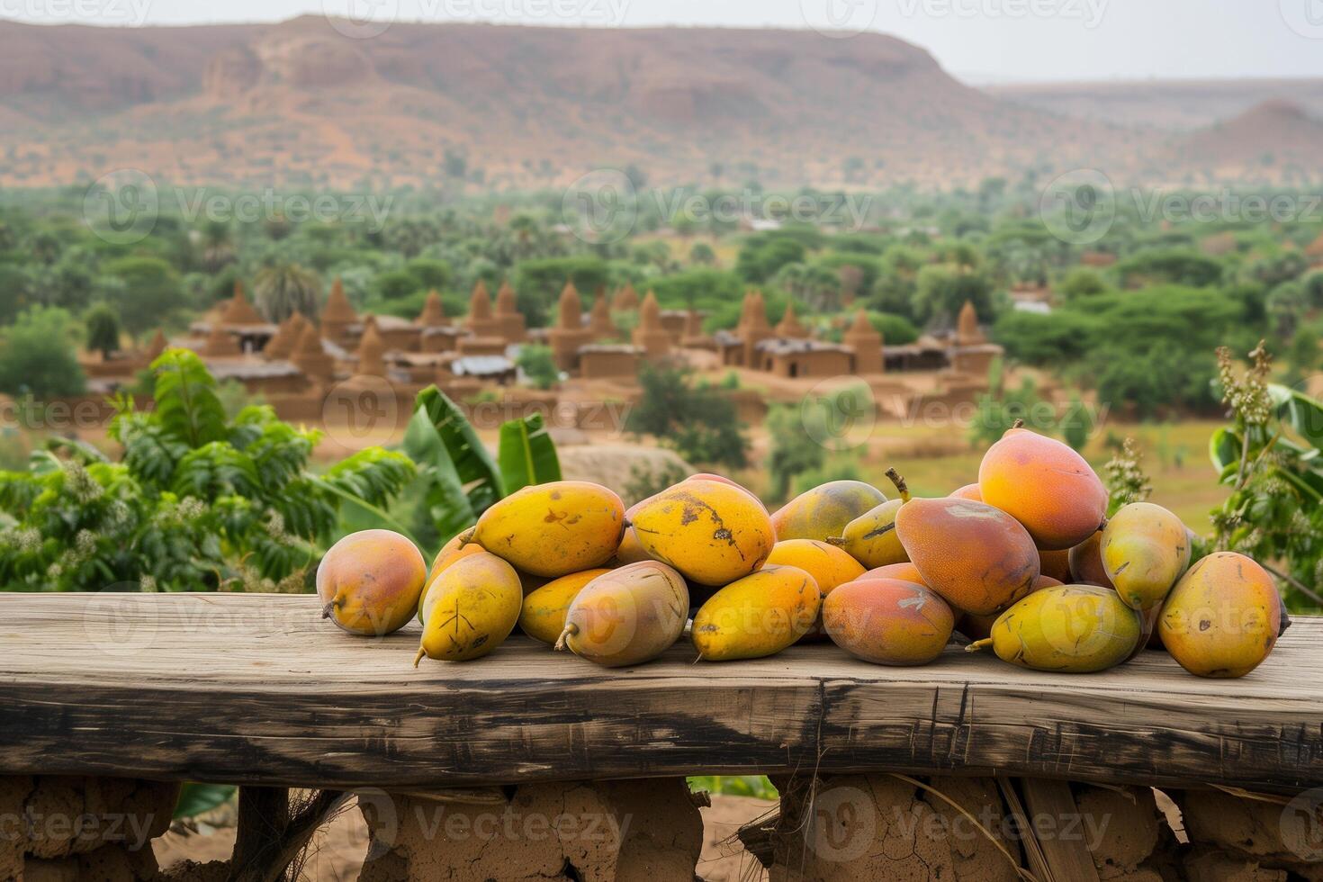 ai generiert frisch Mali Mangos auf ein hölzern Tabelle mit das dramatisch Landschaft von afrikanisch Dorf und Berge im das Hintergrund foto