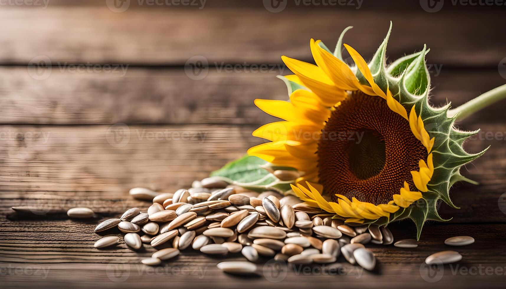 ai generiert Sonnenblume Samen auf hölzern Tabelle foto