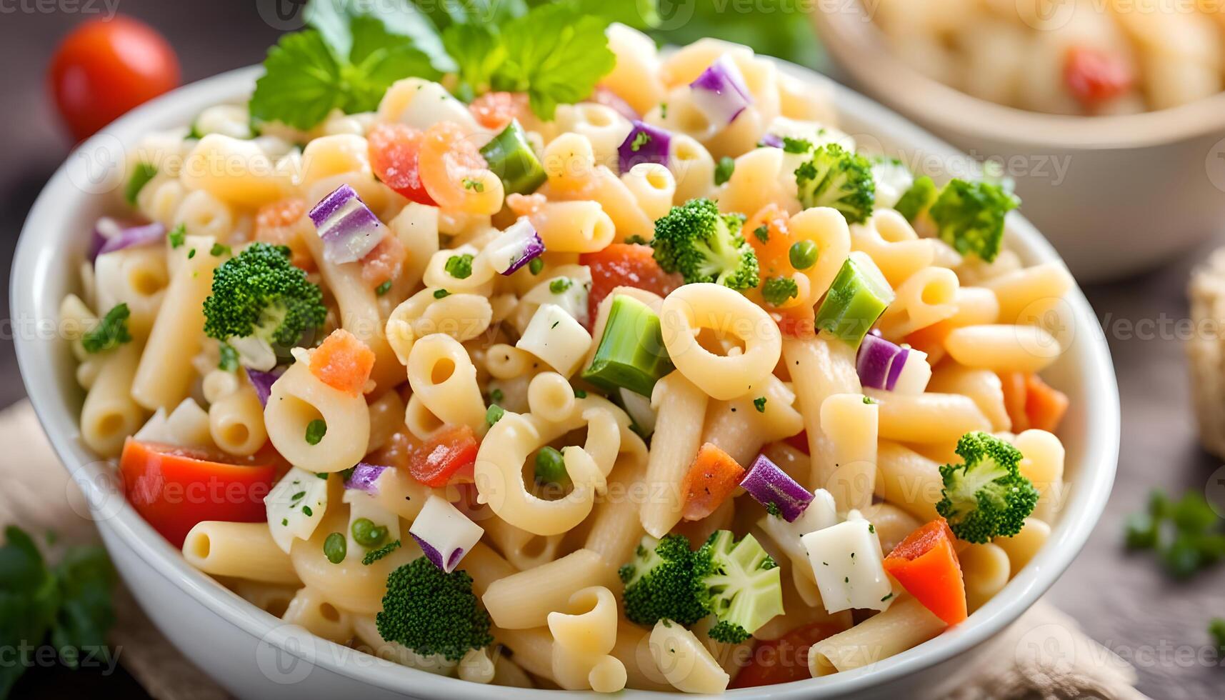 ai generiert Makkaroni Salat mit Ellbogen Pasta und Gemüse im Schüssel foto