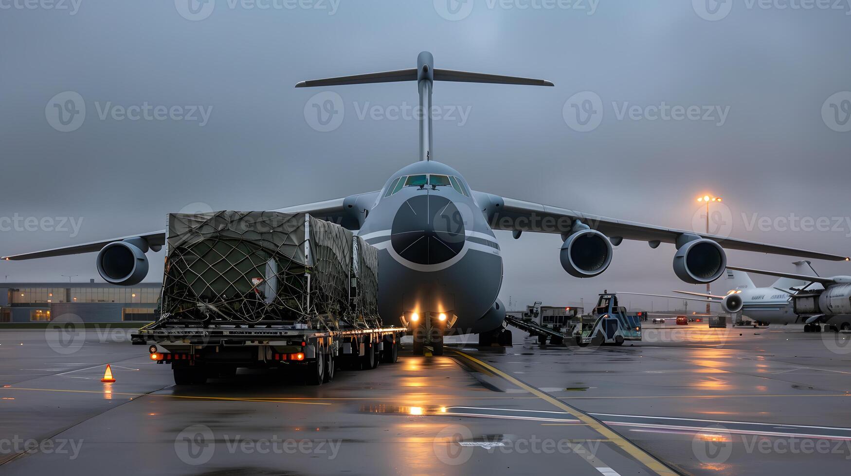 ai generiert ein Ladung Flugzeug beim das Flughafen Docks Ladungen oder entlädt Ladung. ai generiert foto