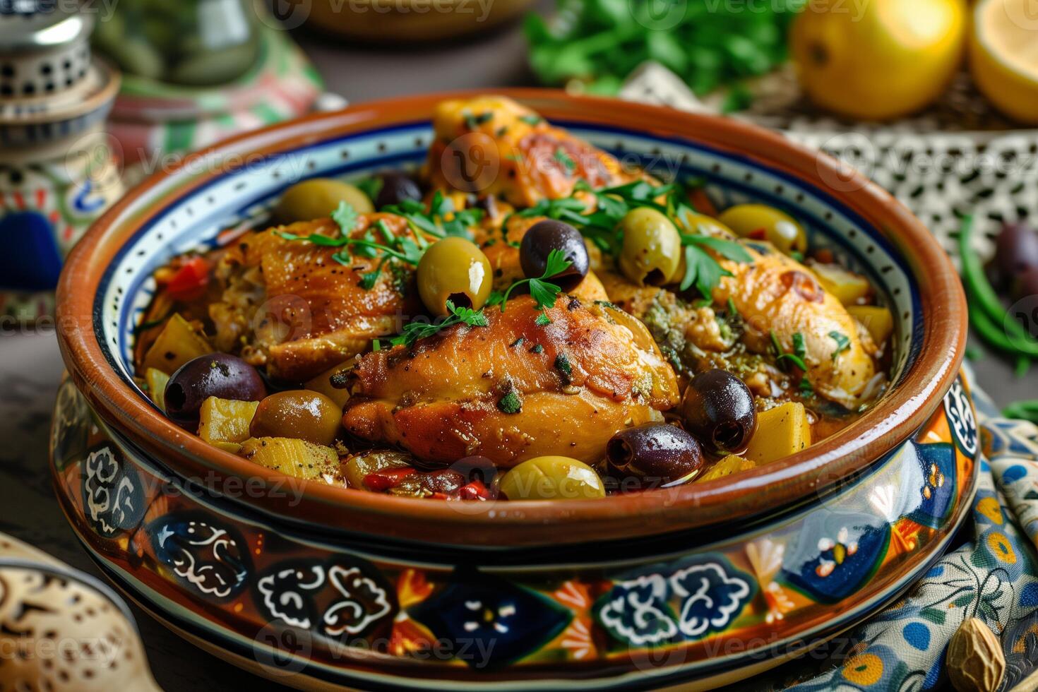 ai generiert bunt marokkanisch Hähnchen Tajine mit Oliven und Gemüse serviert im traditionell Kochgeschirr zum kulinarisch Kunst und Kultur foto