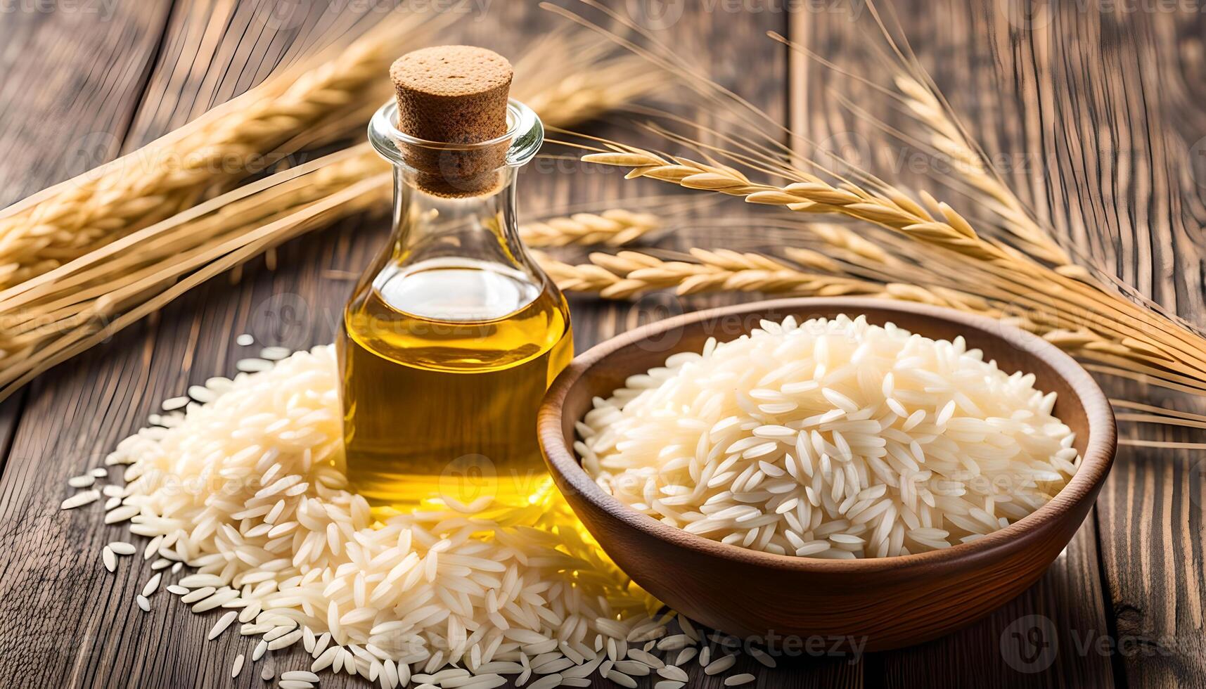 ai generiert Reis Kleie Öl im Flasche Glas und ungemahlen Reis auf hölzern Hintergrund foto