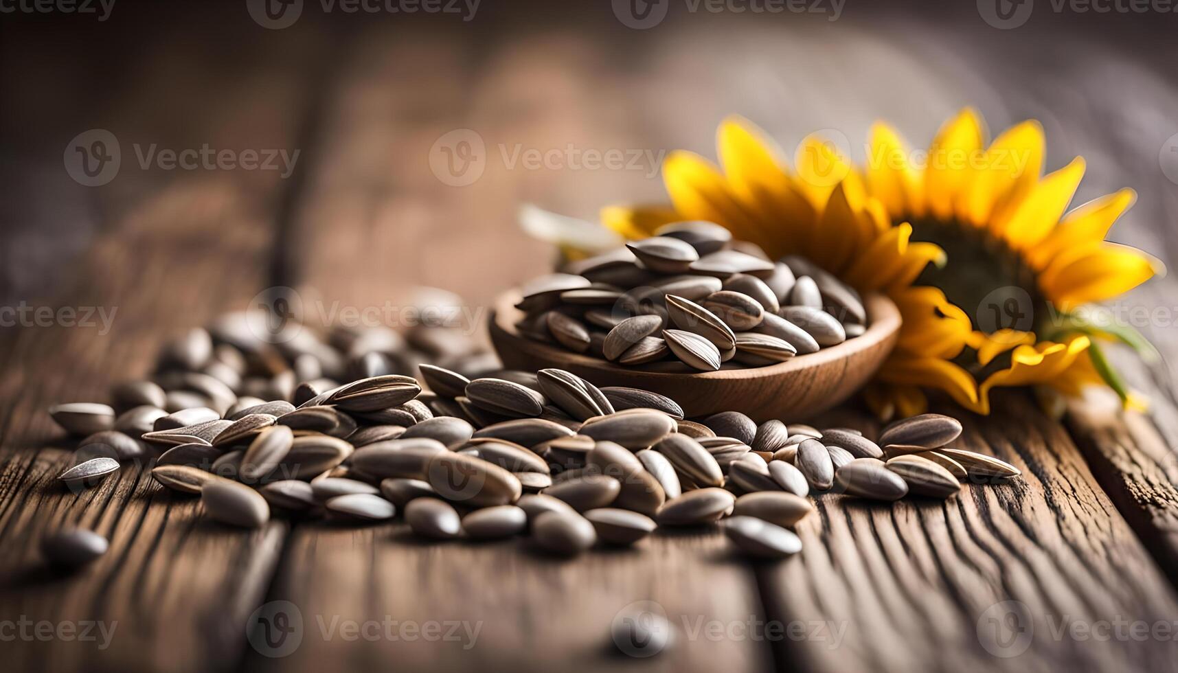 ai generiert Sonnenblume Samen auf hölzern Tabelle foto