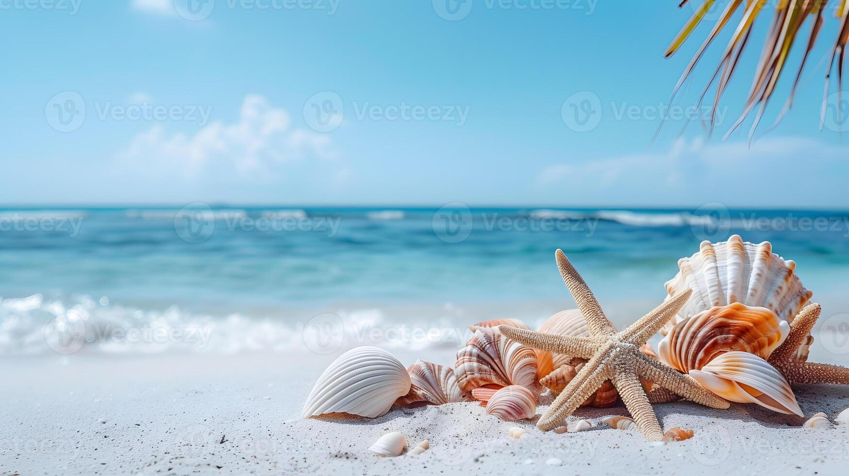 ai generiert azurblau Küste von das Ozean mit Palme Bäume, Sand, Surfen und Muscheln. ai generiert foto