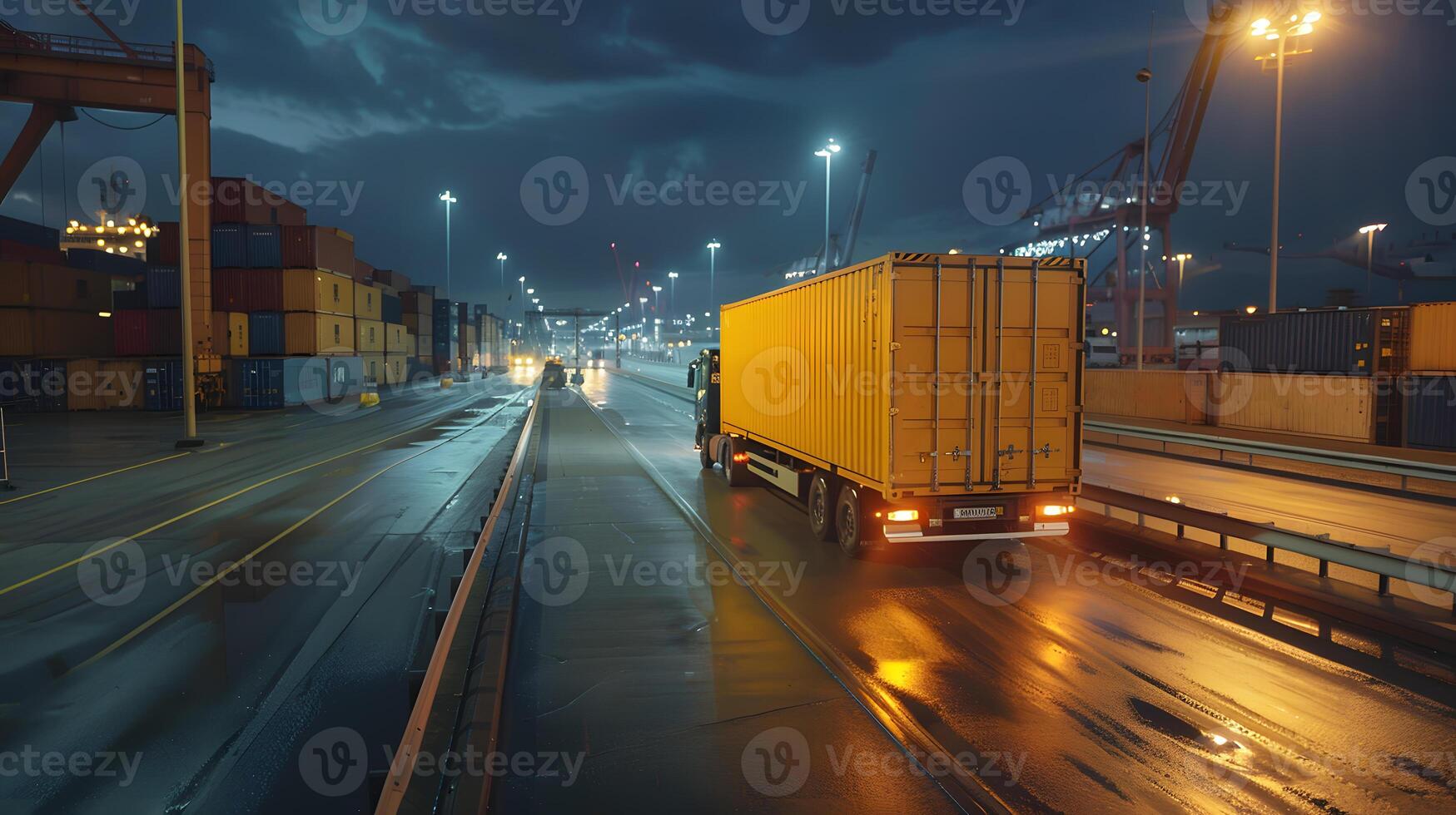 ai generiert LKW Anhänger auf das Seebrücke im das Ladung Hafen Terminal mit Kräne und Behälter. ai generiert foto