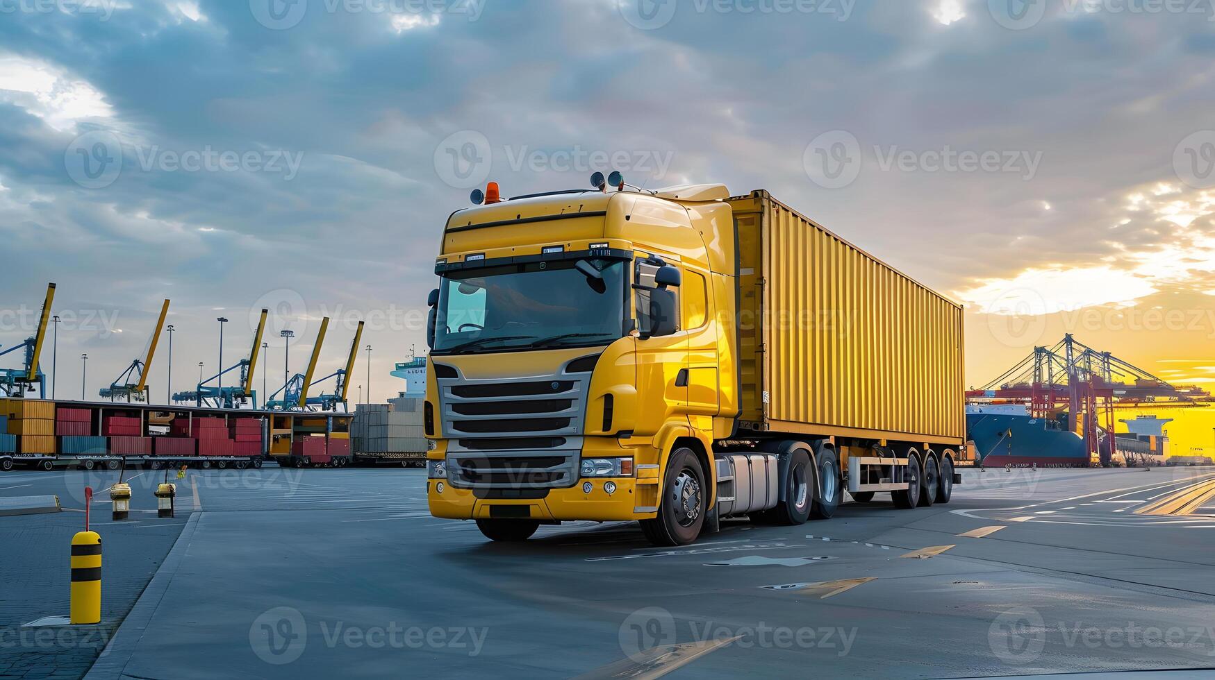 ai generiert LKW Anhänger auf das Seebrücke im das Ladung Hafen Terminal mit Kräne und Behälter. ai generiert foto