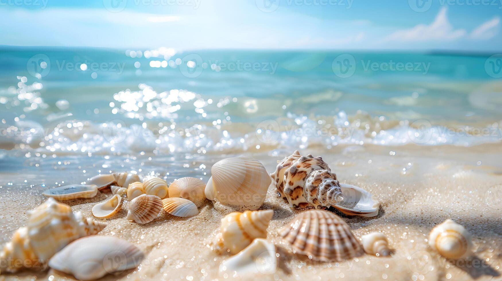 ai generiert azurblau Küste von das Ozean mit Palme Bäume, Sand, Surfen und Muscheln. ai generiert foto