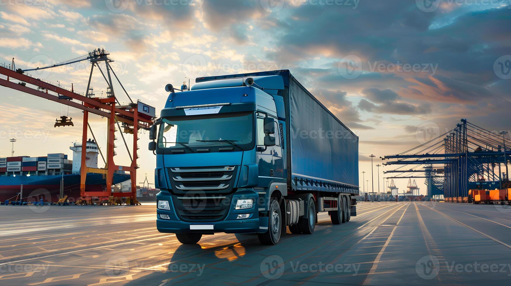 ai generiert LKW Anhänger auf das Seebrücke im das Ladung Hafen Terminal mit Kräne und Behälter. ai generiert foto