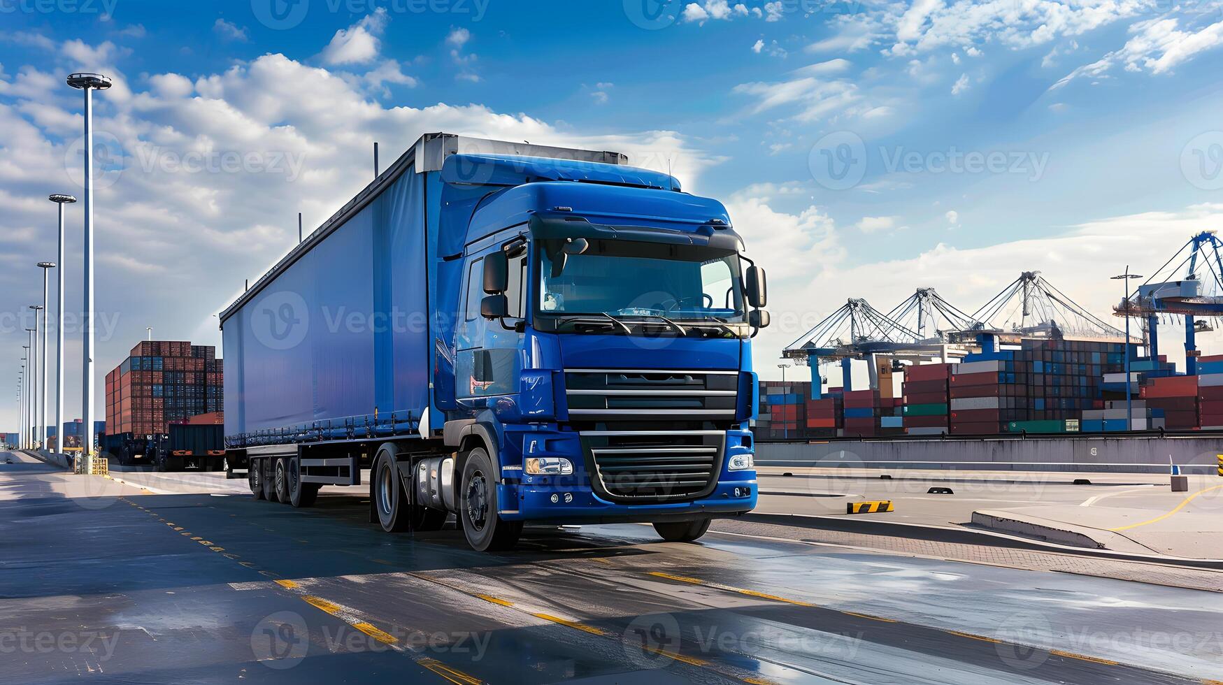 ai generiert LKW Anhänger auf das Seebrücke im das Ladung Hafen Terminal mit Kräne und Behälter. ai generiert foto