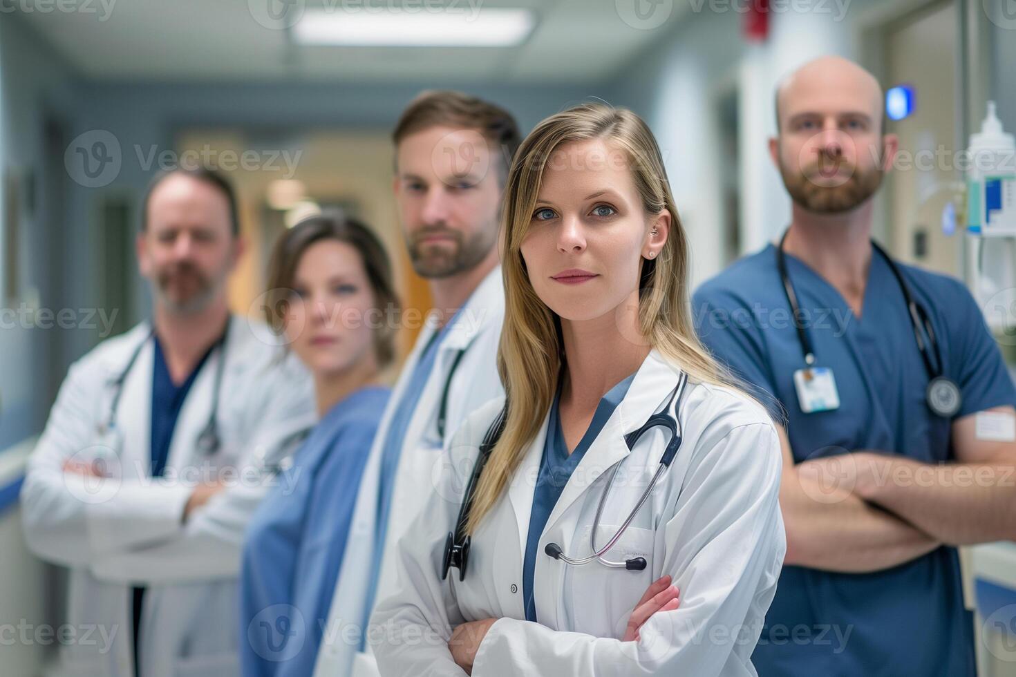 ai generiert Gruppe von zuversichtlich und Clever männlich, Frau Arzt und Krankenschwester beim das Krankenhaus. Besetzung Konzept foto