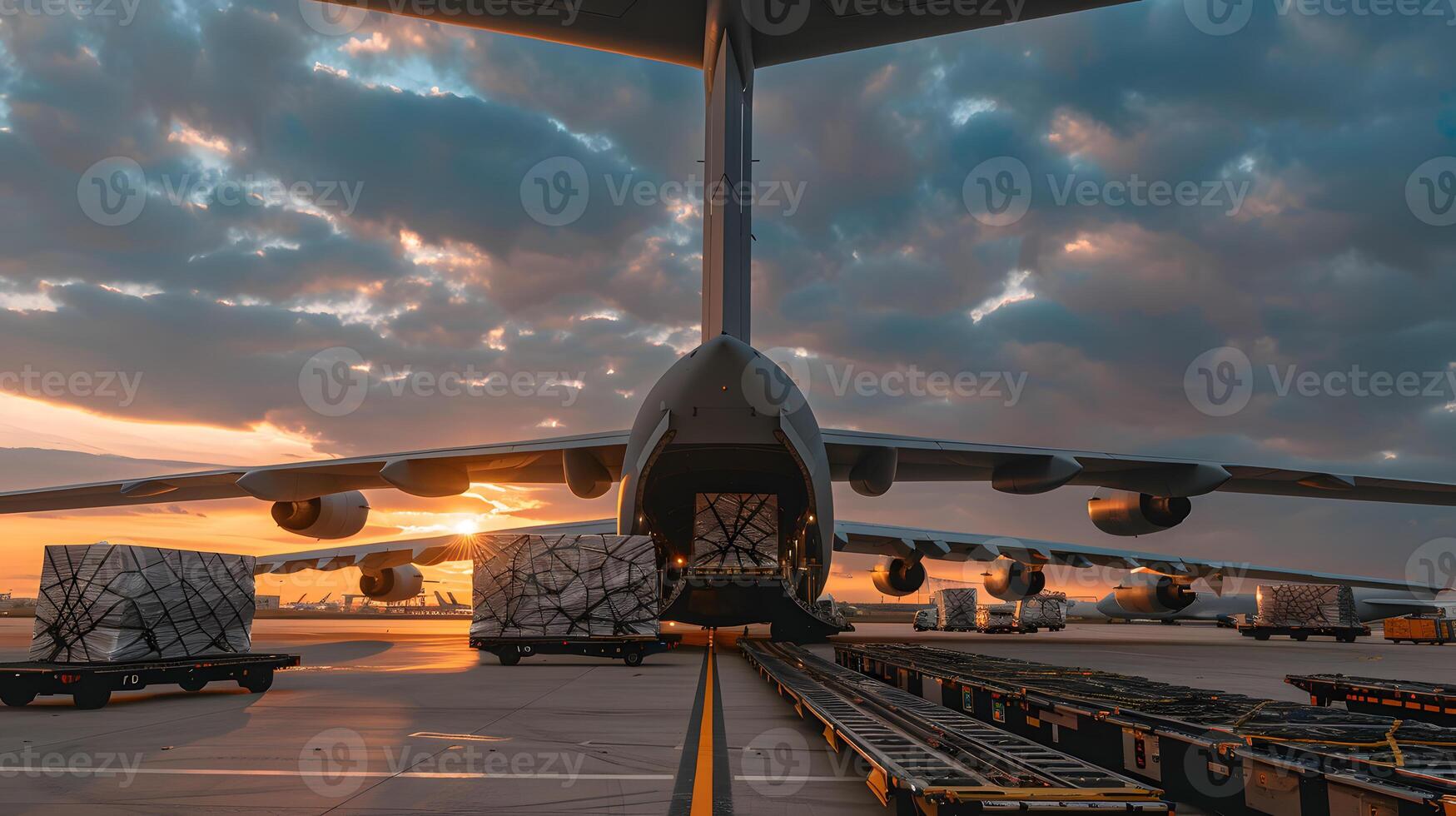 ai generiert ein Ladung Flugzeug beim das Flughafen Docks Ladungen oder entlädt Ladung. ai generiert foto