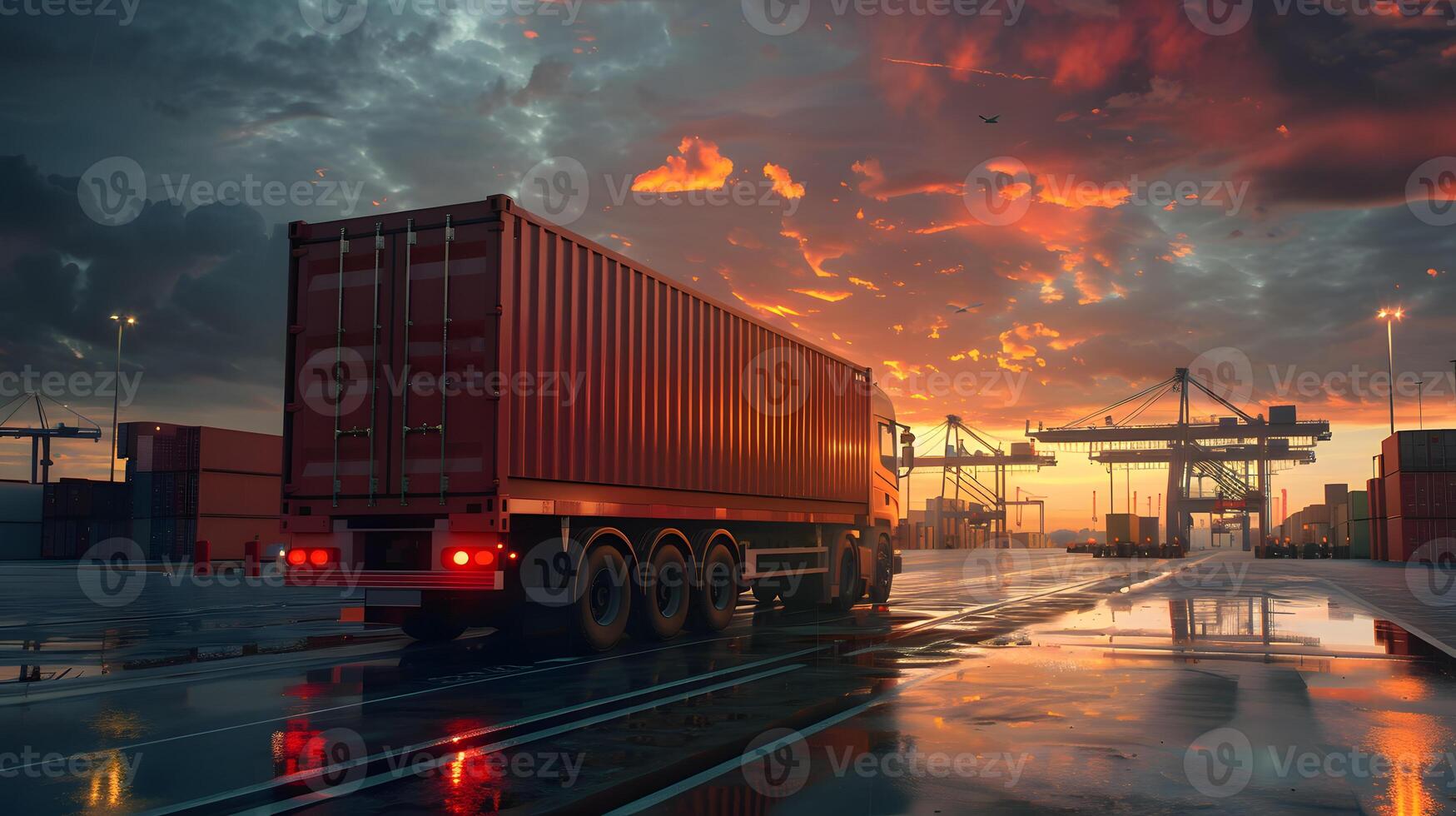 ai generiert LKW Anhänger auf das Seebrücke im das Ladung Hafen Terminal mit Kräne und Behälter. ai generiert foto