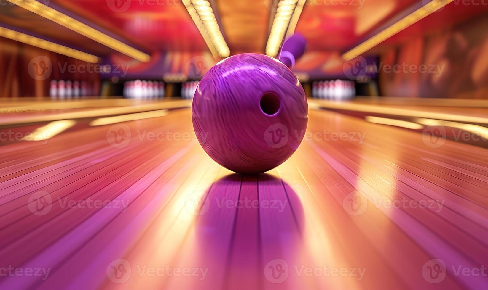 ai generiert dynamisch Bowling Schuss Schuss von das Ball Schlagen das Stifte foto