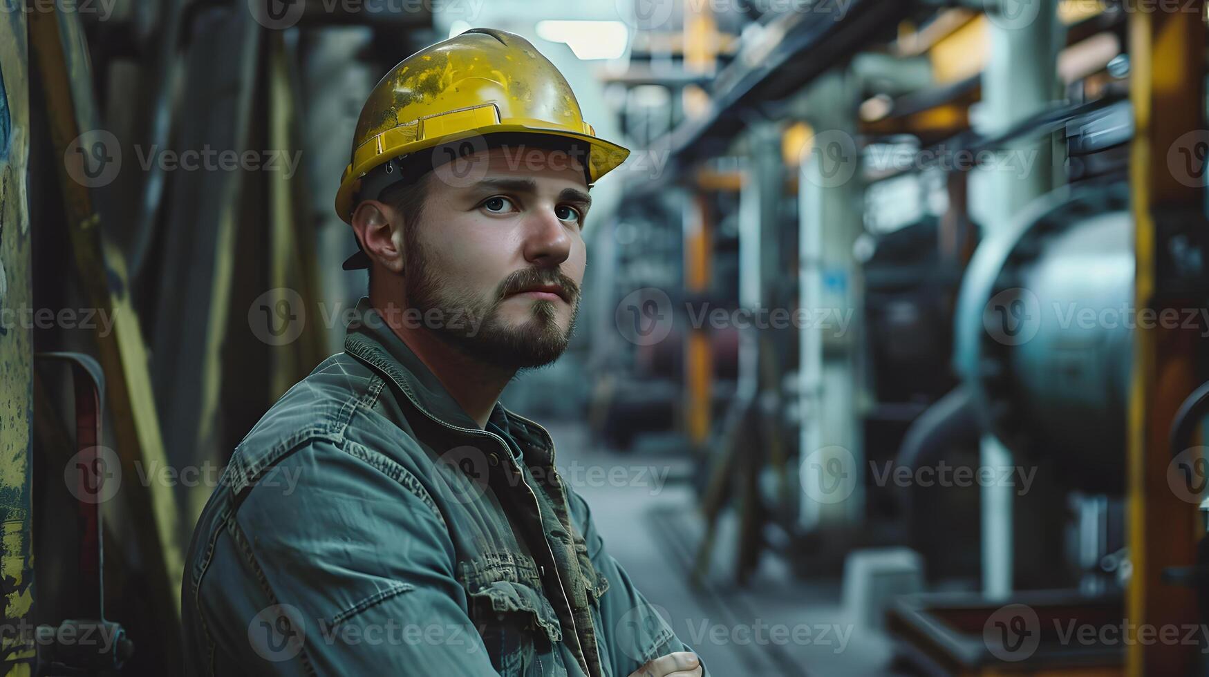 ai generiert Porträt von ein Arbeiten Mann im ein Uniform und ein schwer Hut. ai generiert foto