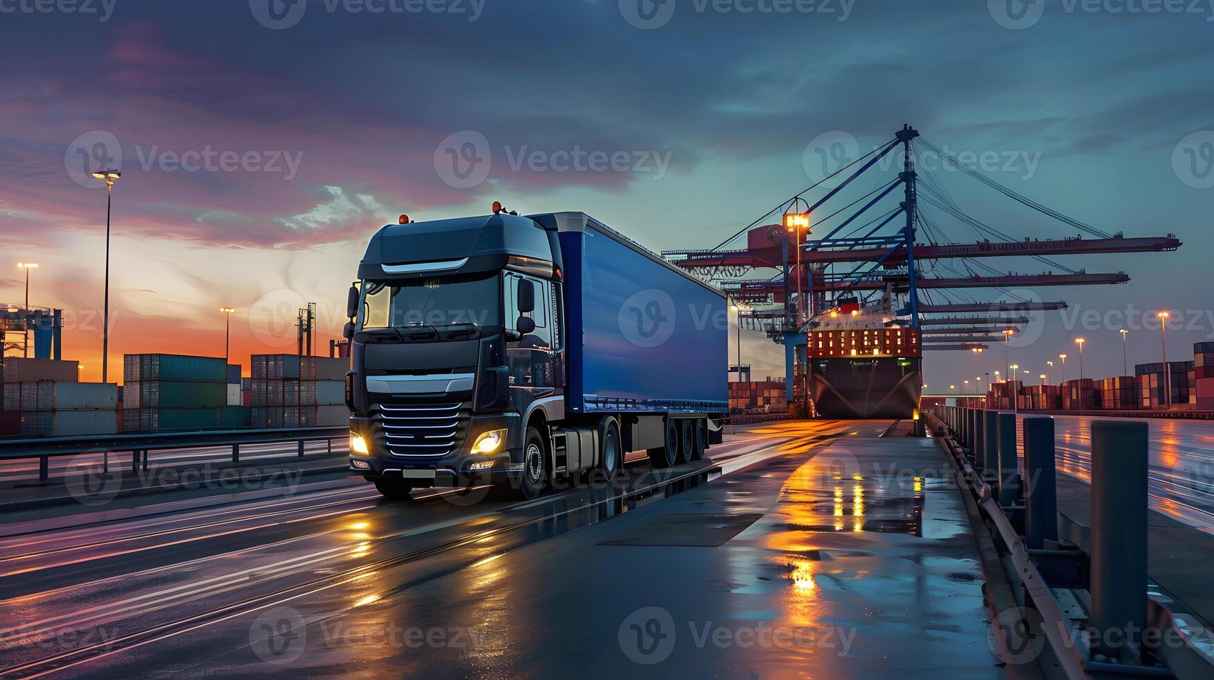 ai generiert LKW Anhänger auf das Seebrücke im das Ladung Hafen Terminal mit Kräne und Behälter. ai generiert foto