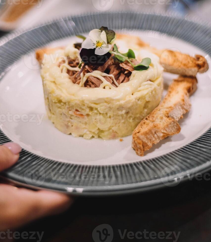 Gourmet Russisch Salat mit oben Qualität Thunfisch foto