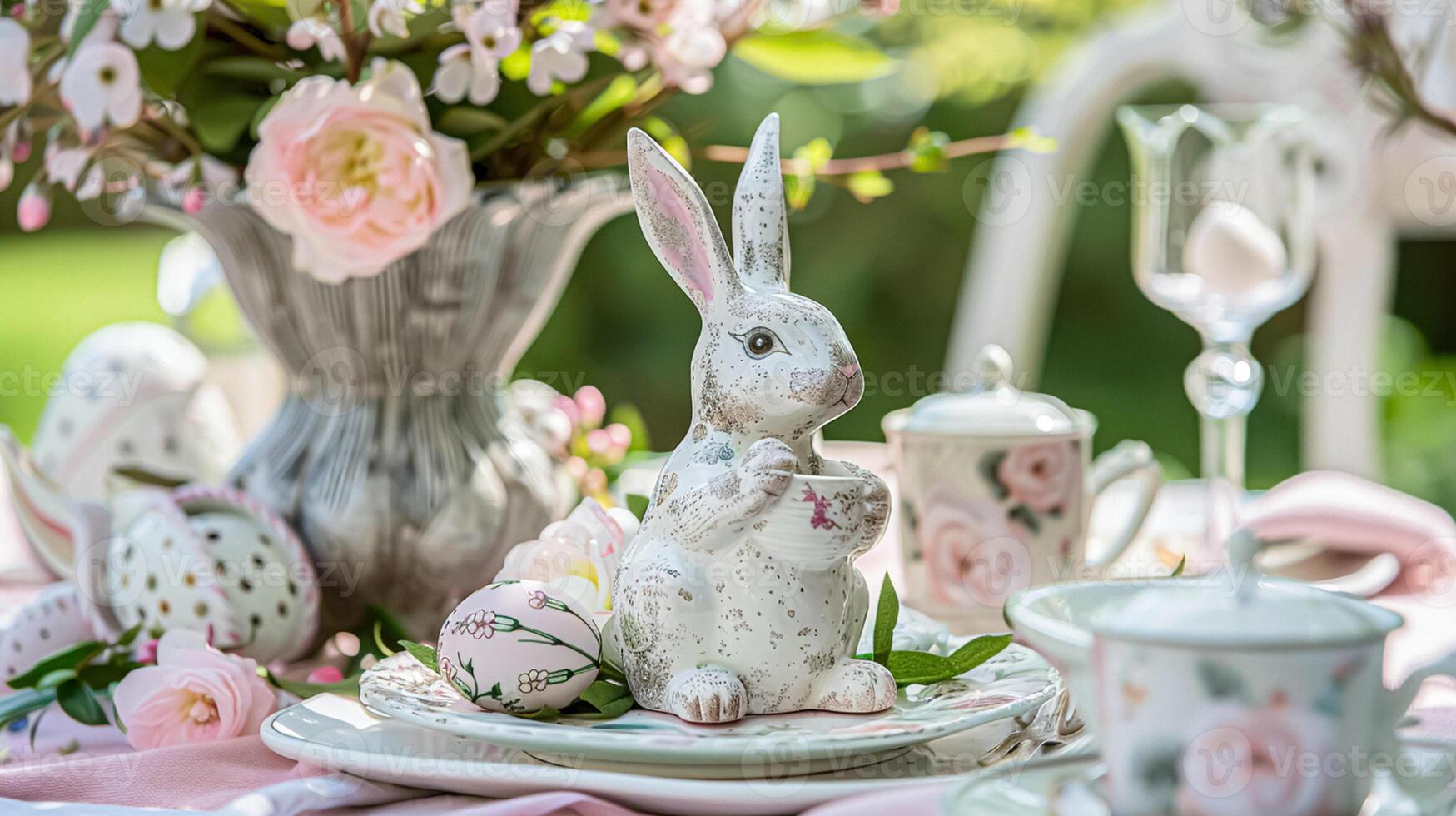 ai generiert Ostern Tischlandschaft Dekoration, Blumen- Urlaub Tabelle Dekor zum Familie Feier, Frühling Blumen, Ostern Eier, Ostern Hase und Jahrgang Essgeschirr, Englisch Land und Zuhause Styling foto