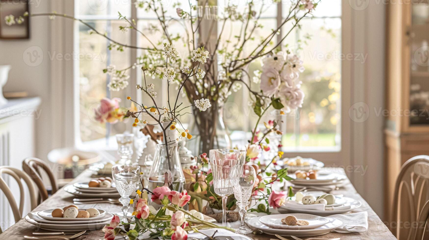 ai generiert Ostern Tischlandschaft Dekoration, Blumen- Urlaub Tabelle Dekor zum Familie Feier, Frühling Blumen, Ostern Eier, Ostern Hase und Jahrgang Essgeschirr, Englisch Land und Zuhause Styling foto