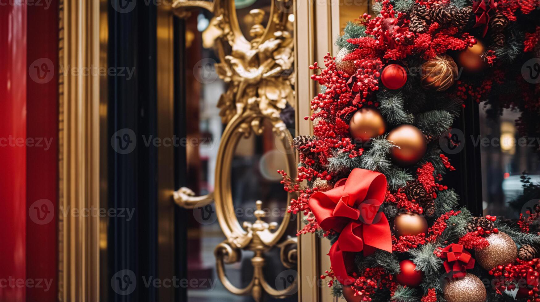 ai generiert Weihnachten Dekoration Einzelheiten auf Englisch gestylt Luxus hoch Straße Stadt Geschäft Tür oder Einkaufen Fenster Anzeige, Urlaub Verkauf und Geschäft Dekor foto