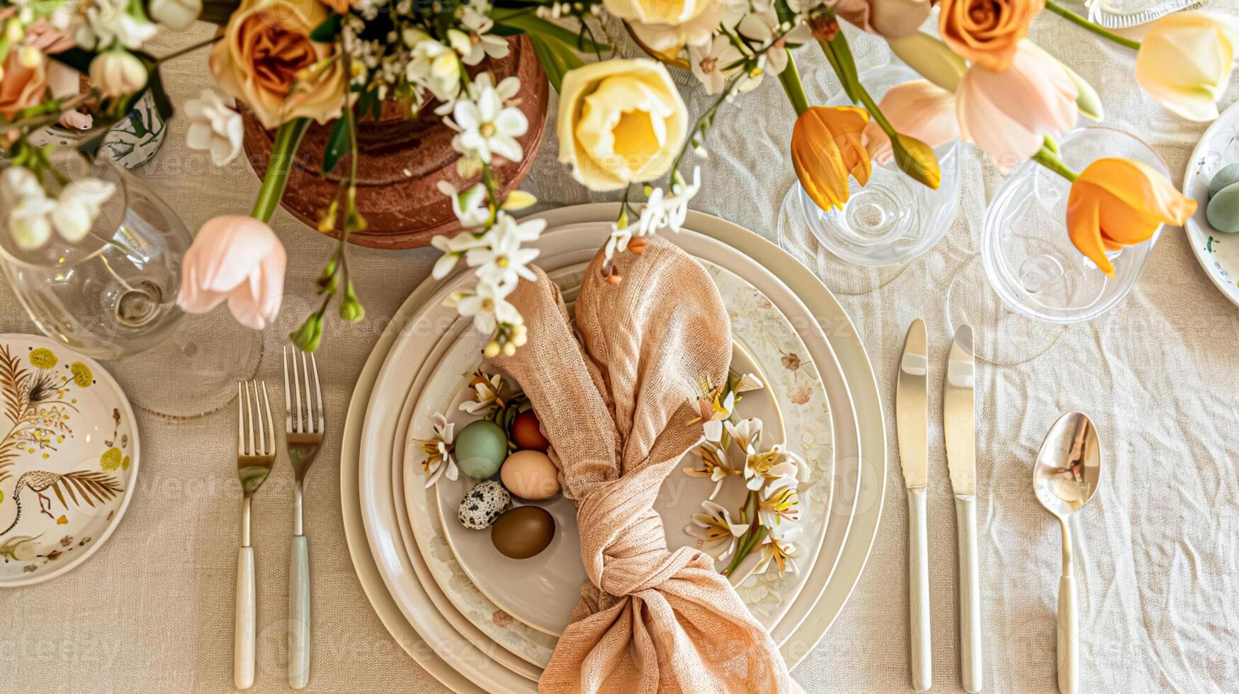 ai generiert Ostern Tischlandschaft Dekoration, Blumen- Urlaub Tabelle Dekor zum Familie Feier, Frühling Blumen, Ostern Eier, Ostern Hase und Jahrgang Essgeschirr, Englisch Land und Zuhause Styling foto