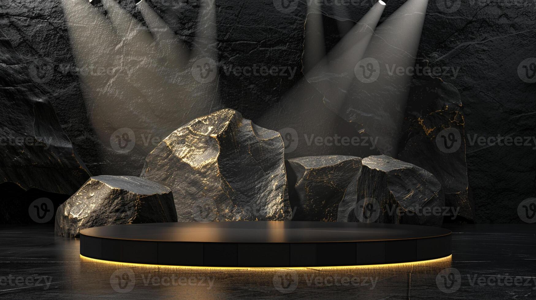 ai generiert ein schwarz und Gold von ein Natur Marmor Plattform umgeben durch Felsen. das Hintergrund ist geometrisch Stein und Felsen Form, minimalistisch Attrappe, Lehrmodell, Simulation zum Podium Anzeige Vitrine, Studio Zimmer foto