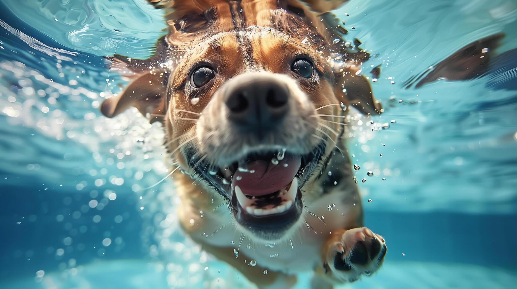 ai generiert ein glücklich Hund anmutig schwimmt, es ist Pelz fließend mögen Wasser- Wolken. generativ ai. foto