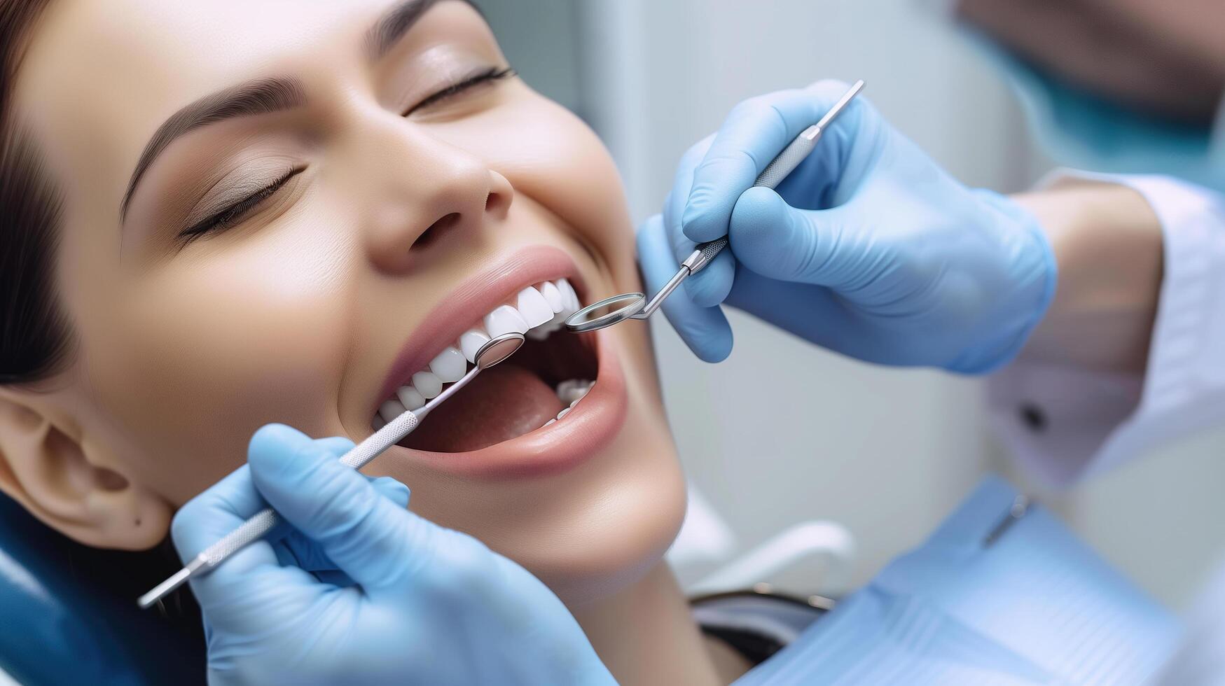 ai generiert ein Frau mit ein perfekt Lächeln sitzt bequem im ein Dental Stuhl, ausstrahlen Vertrauen. generativ ai. foto