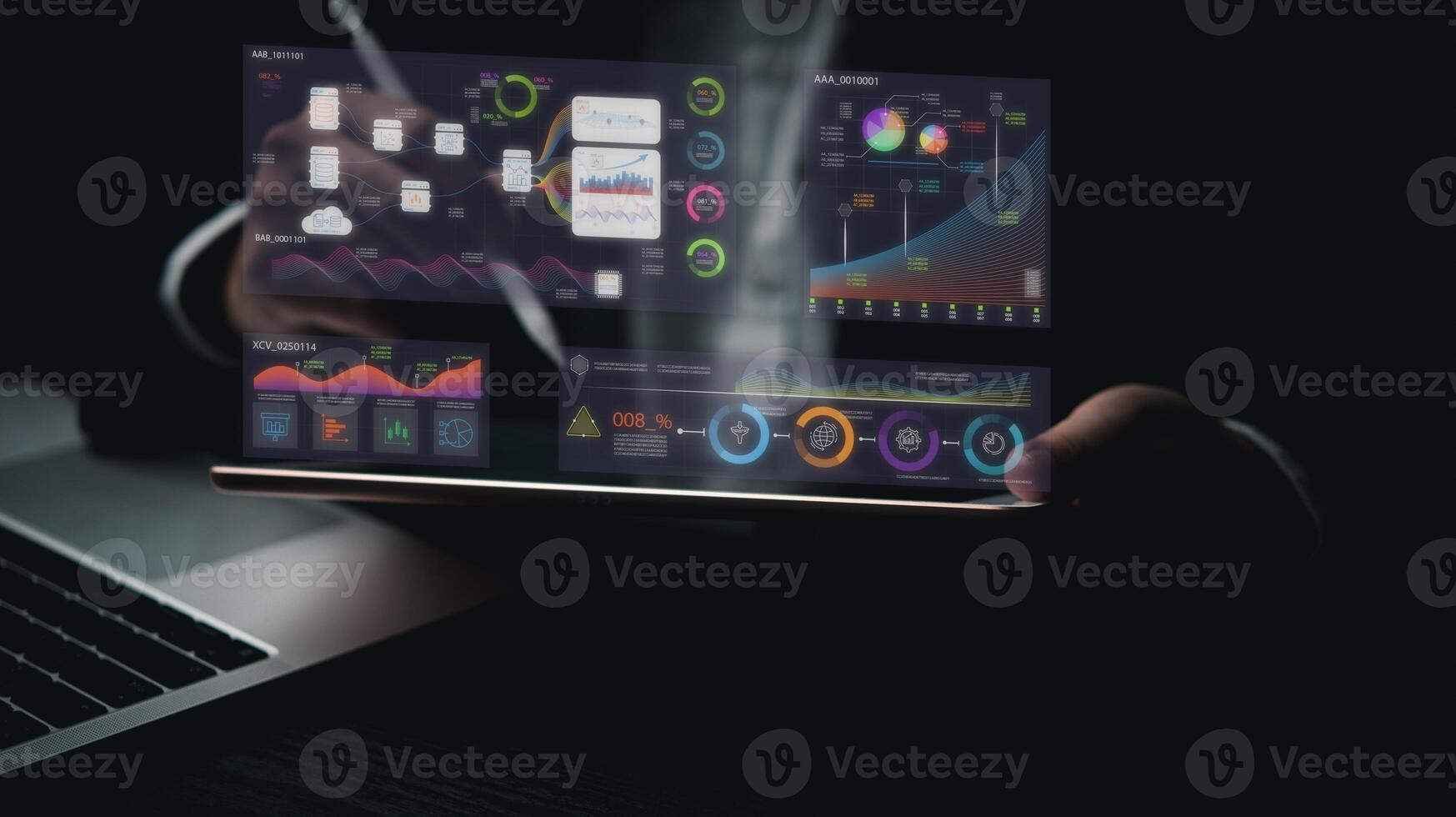 Geschäft Entwicklung und Technologie Daten Analytiker zum Bericht Marketing Strategie Planung. Graph Analyse und Information auf ein futuristisch virtuell Schnittstelle Bildschirm. foto