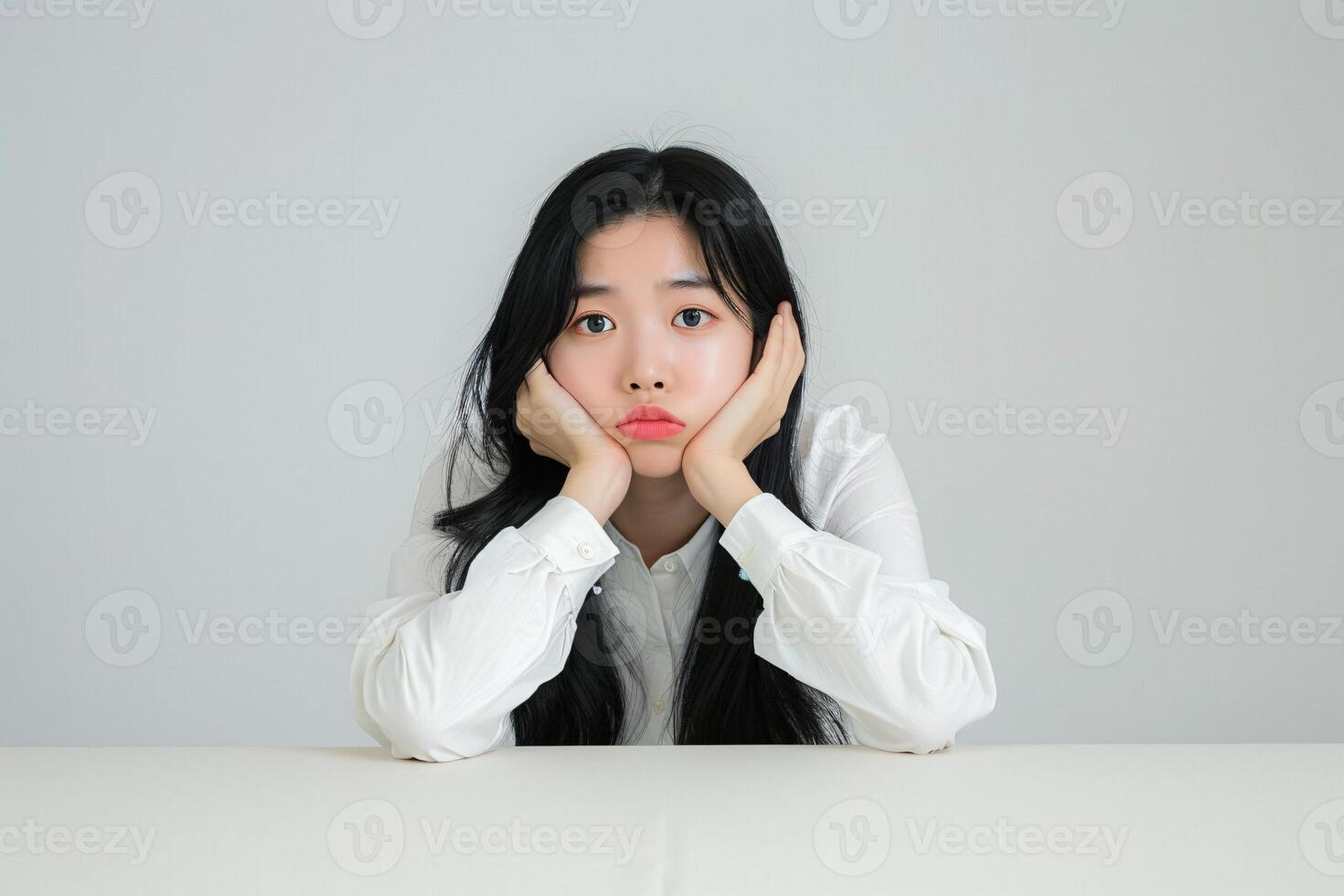 ai generiert nachdenklich jung Frau gelehnt auf Hände beim Tisch, Weiß Hintergrund foto