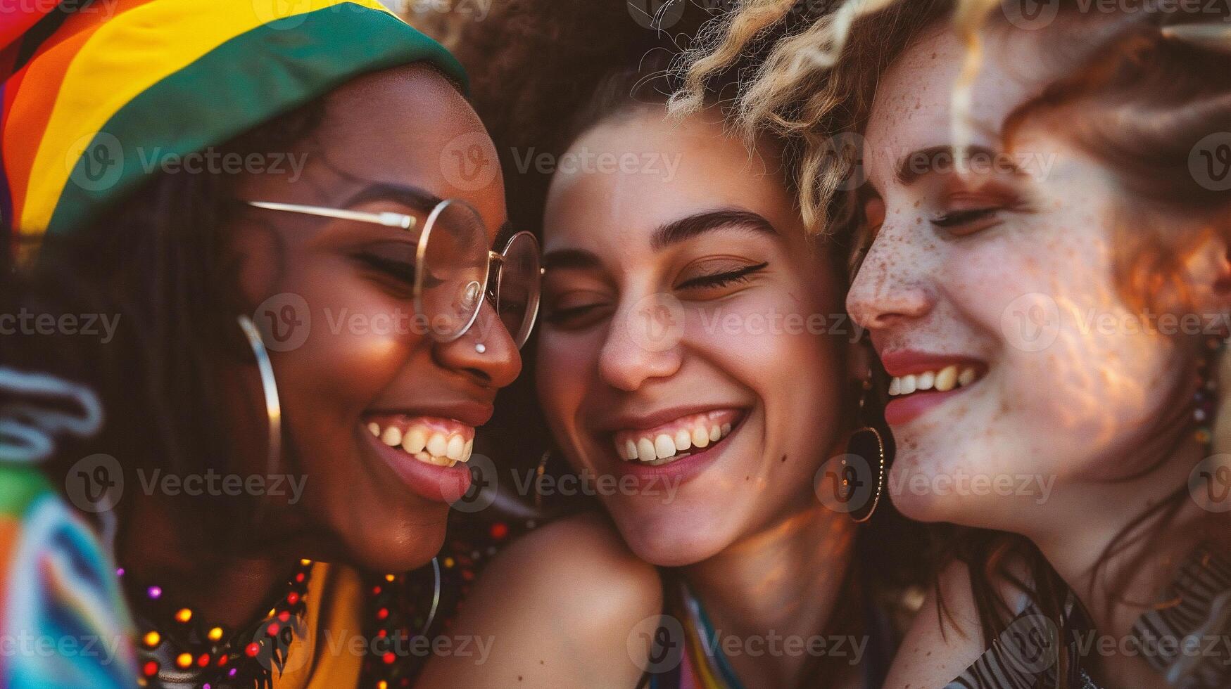 ai generiert Gruppe von jung Frauen haben Spaß beim Hippie Party. multiethnisch Gruppe von Freunde. foto