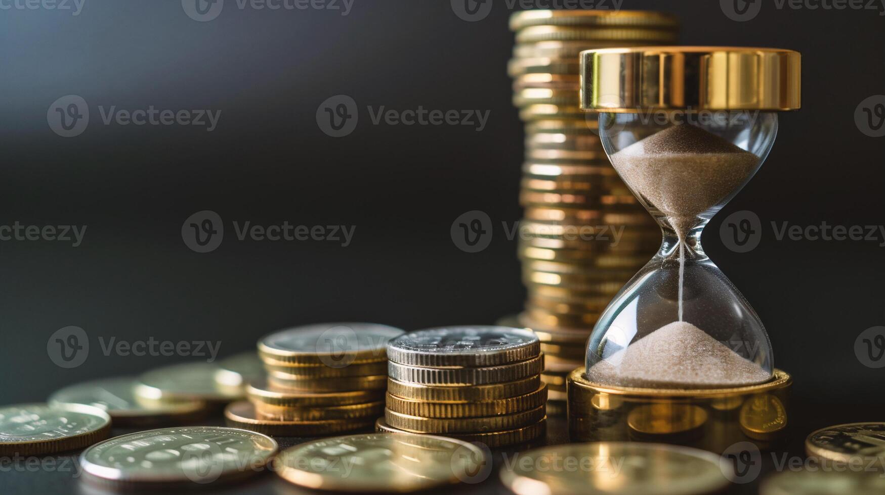 ai generiert Zeit ist Geld Konzept mit Sanduhr und Stapel von Münzen auf schwarz Hintergrund foto