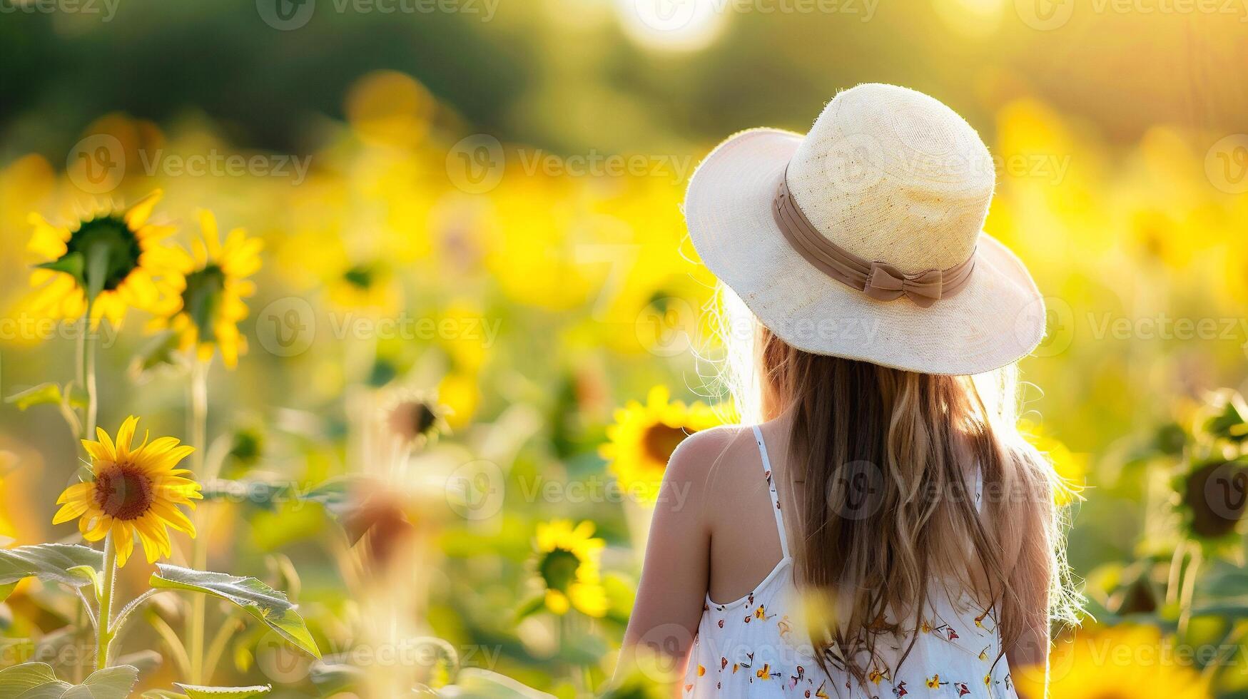 ai generiert Porträt von ein schön wenig Mädchen im ein Stroh Hut im ein Sonnenblume Feld foto