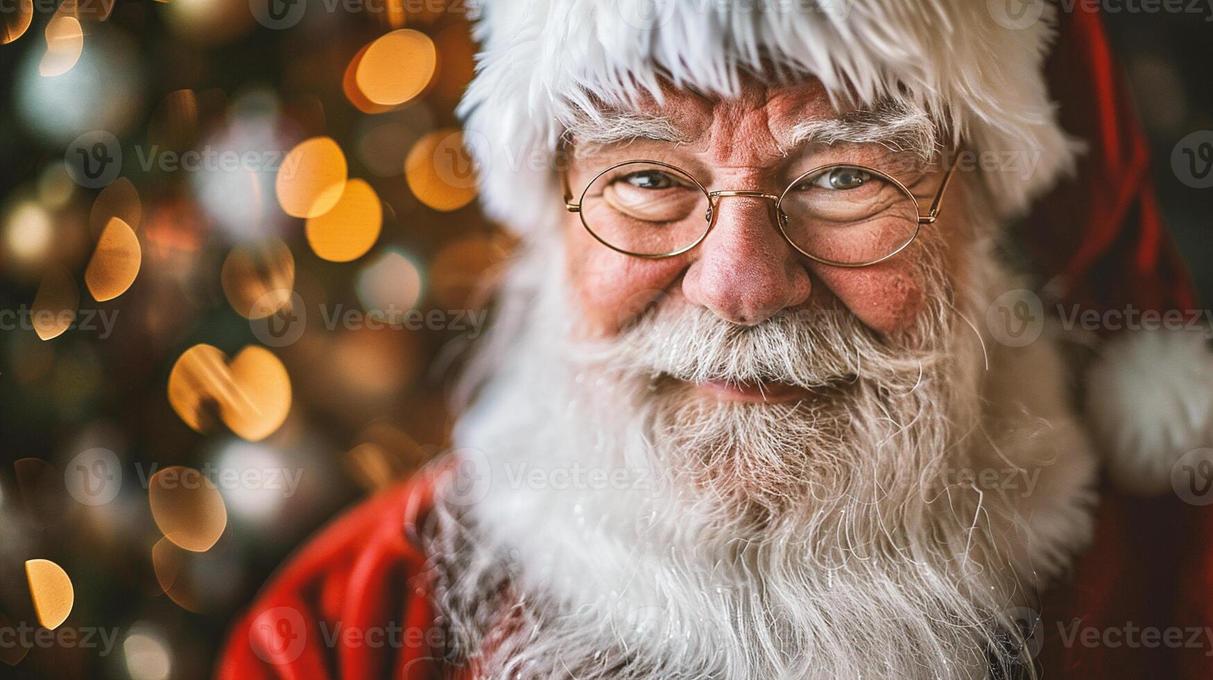 ai generiert Porträt von Santa claus mit Brille gegen defokussiert Beleuchtung auf Hintergrund foto