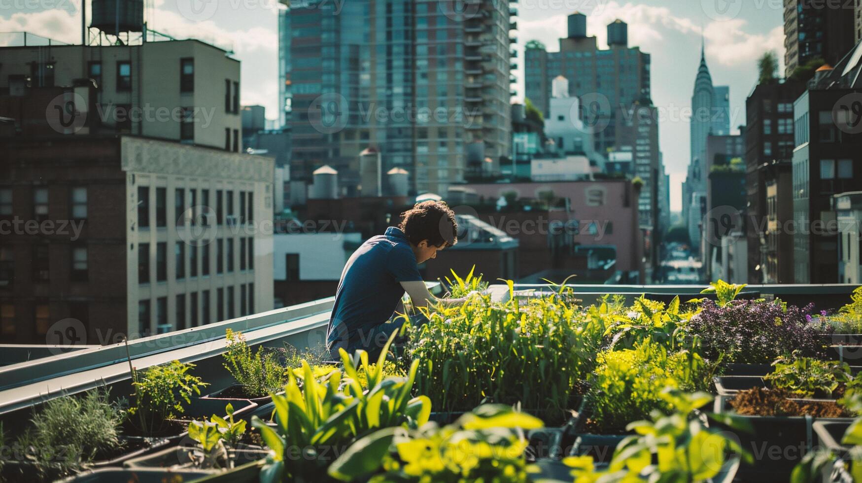 ai generiert Mann Arbeiten auf Balkon tragen beiläufig Kleidung, suchen beim Stadtbild foto